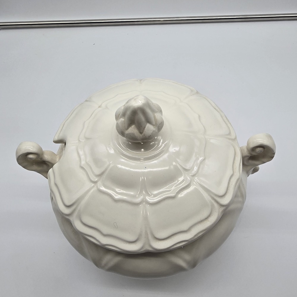 VTG Antique French Ivory Ceramic Lidded Serving Dish With Curved Handles - Picture 2 of 11